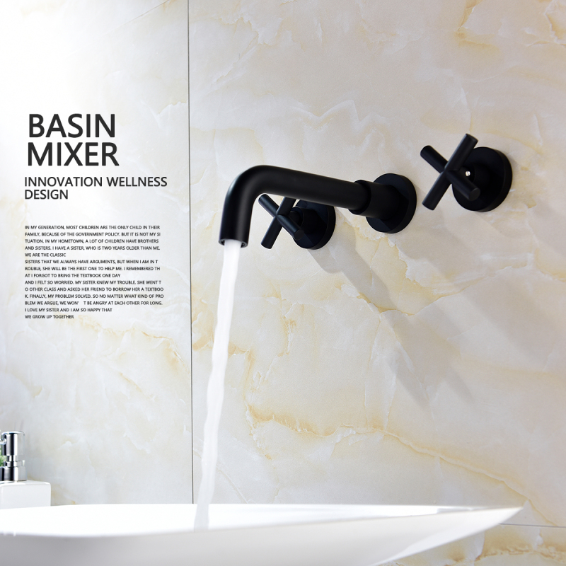 Tecmolog Bathroom Sink Faucet Black Wall Mount Faucet Bathroom Brass Double Handle Basin Mixer Tap BB6083B