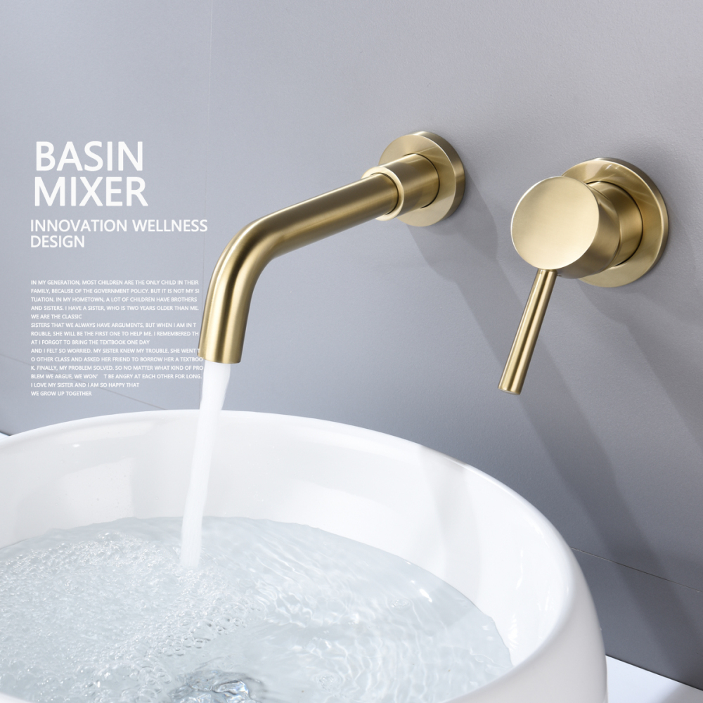 Tecmolog Bathroom Basin Mixer with 360° Swiveling spout, Brass Brushed gold Water Tap with Aerator,Wall Mounted and Concealed sink Faucet BJ6083A