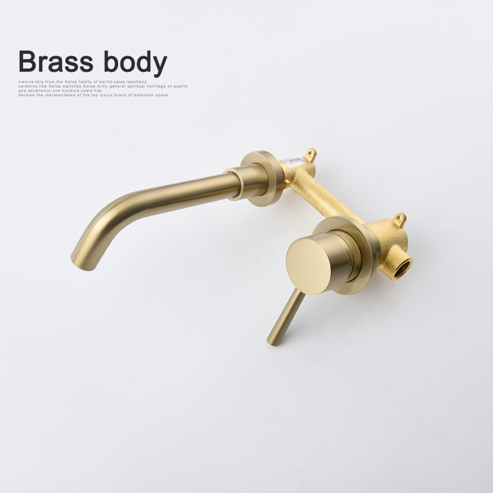 Tecmolog Bathroom Basin Mixer with 360° Swiveling spout, Brass Brushed gold Water Tap with Aerator,Wall Mounted and Concealed sink Faucet BJ6083A