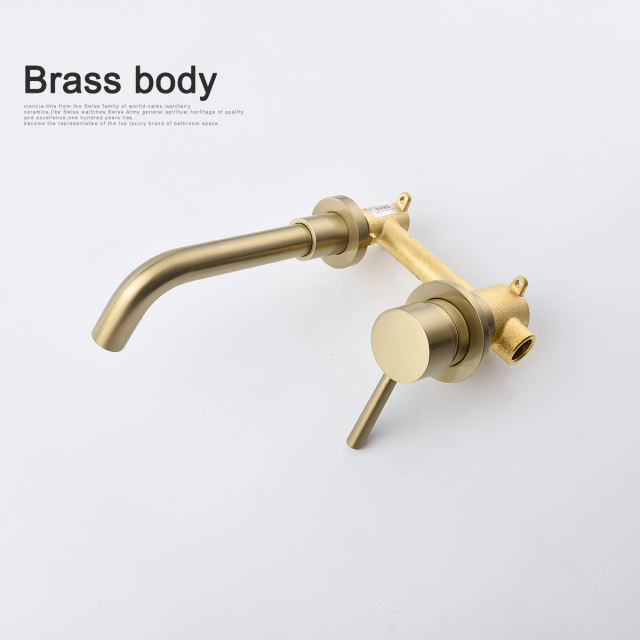 Tecmolog Bathroom Basin Mixer with 360° Swiveling spout, Brass Brushed gold Water Tap with Aerator,Wall Mounted and Concealed sink Faucet BJ6083A