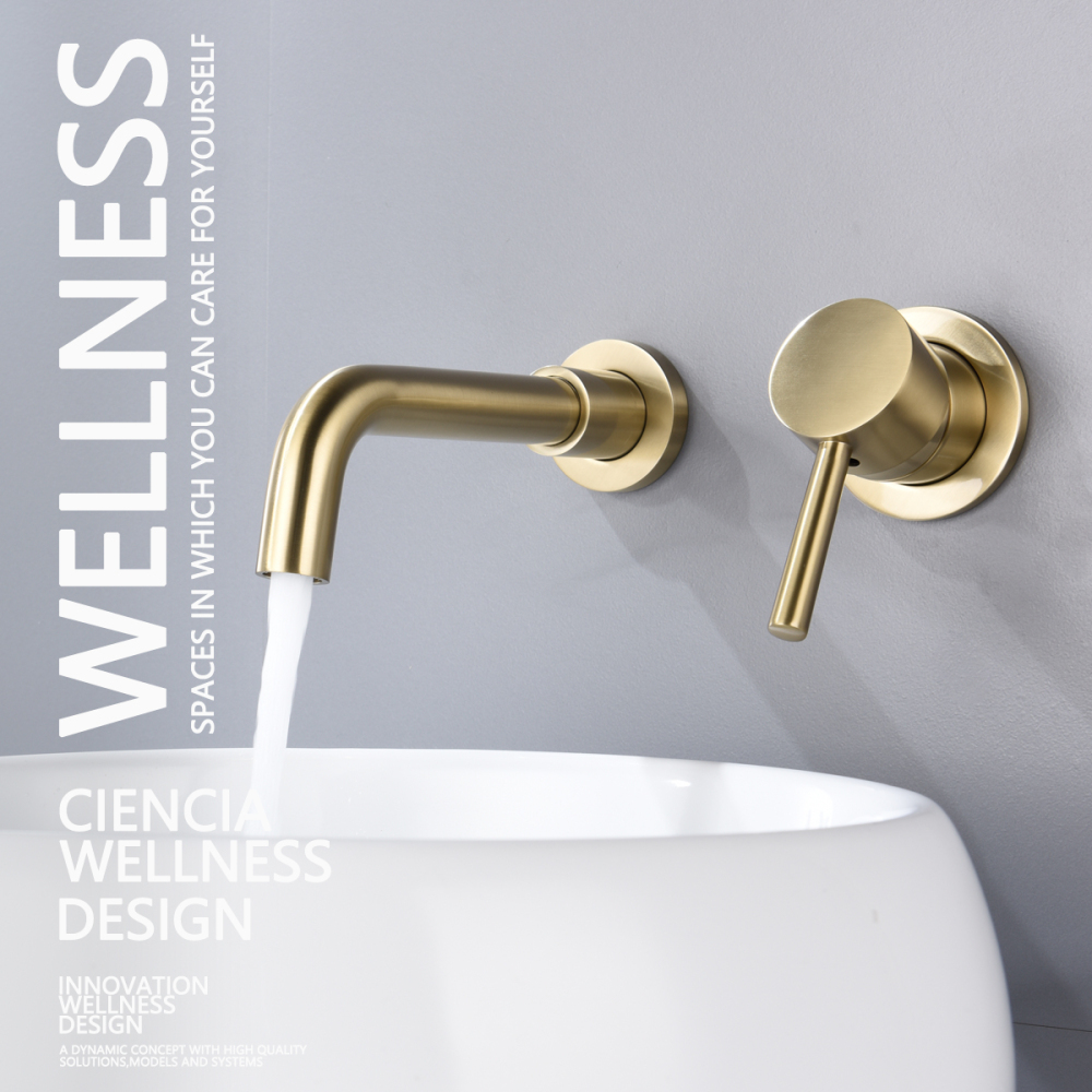 Tecmolog Bathroom Basin Mixer with 360° Swiveling spout, Brass Brushed gold Water Tap with Aerator,Wall Mounted and Concealed sink Faucet BJ6083A