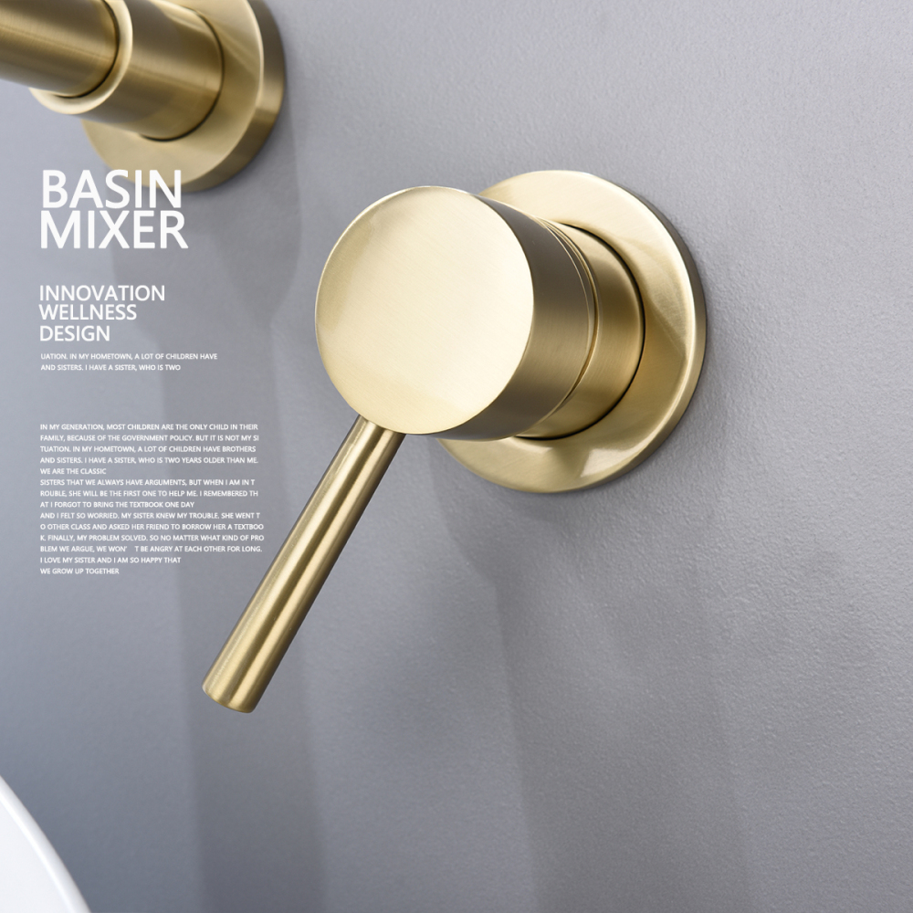 Tecmolog Bathroom Basin Mixer with 360° Swiveling spout, Brass Brushed gold Water Tap with Aerator,Wall Mounted and Concealed sink Faucet BJ6083A