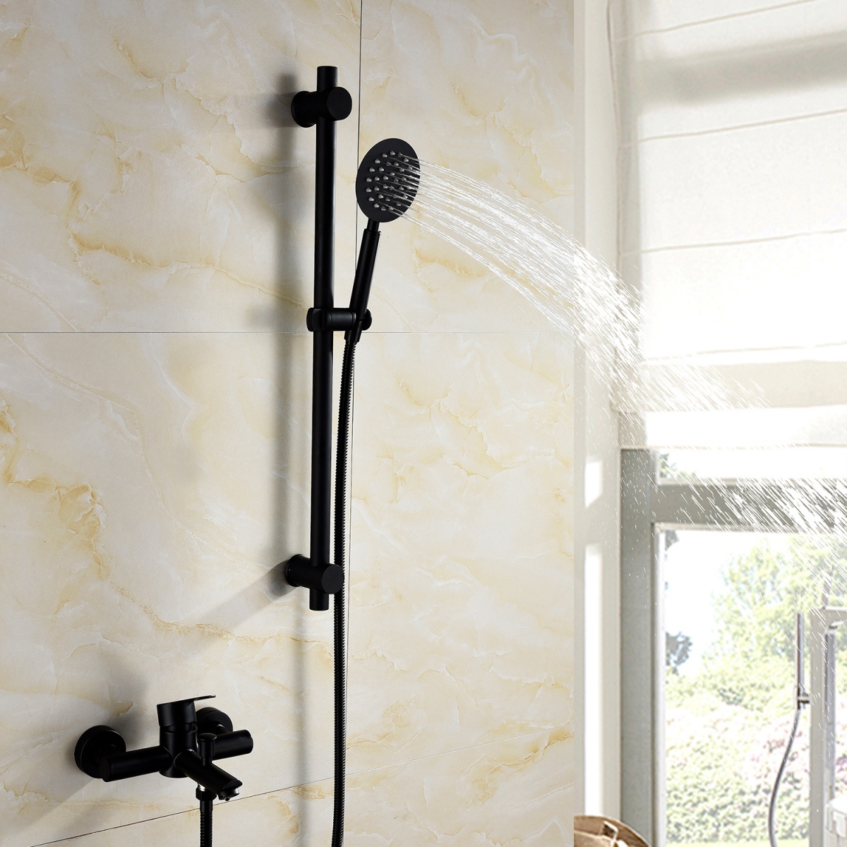 Tecmolog Stainless Steel Black Bathroom Faucet , Wall-Mounted Shower Set and Height Adjustable Sliding Bar SNA516B/SNA516BF/SBH156B/SBH156BF