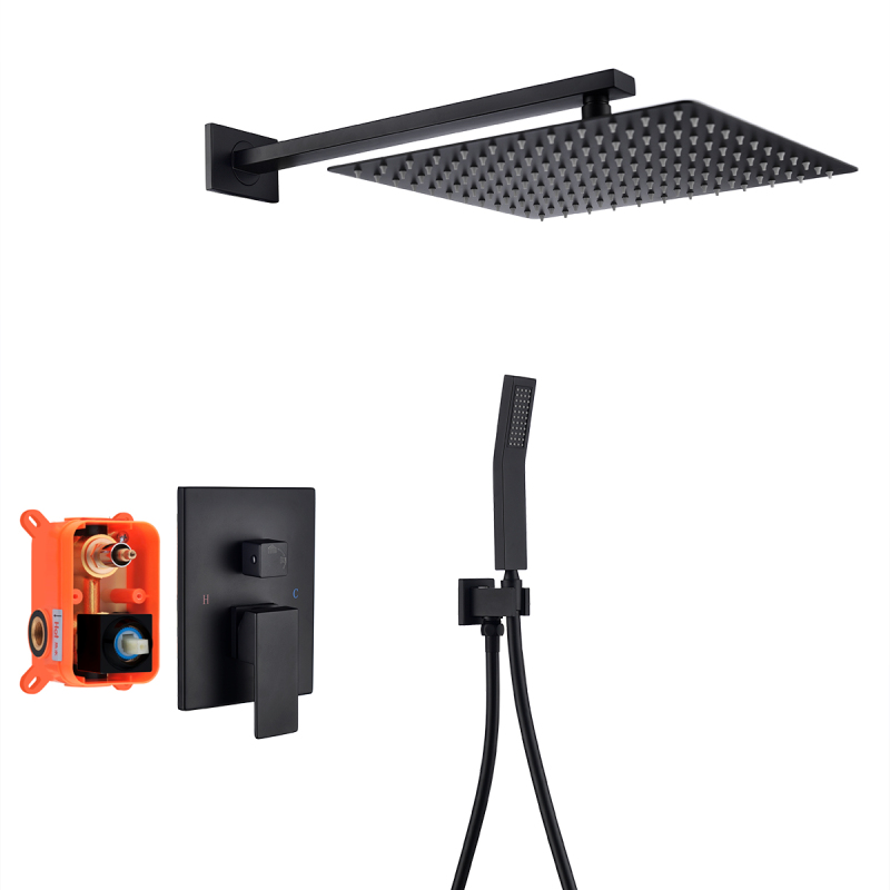 Tecmolog Black Shower Combo Set Brass Body Wall Mounted Shower Systems with 12" Rain Shower and Handheld, Shower Trim Kit with Rough-In Valve BB314B