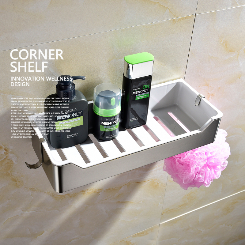 Tecmolog Stainless Steel Black/Nickel/Gold/Chrome Corner Shelf Caddy Bathing Platform with Hooks Wall Nail Storage SBH190/SBH190B/SBH190J/SBH190NA