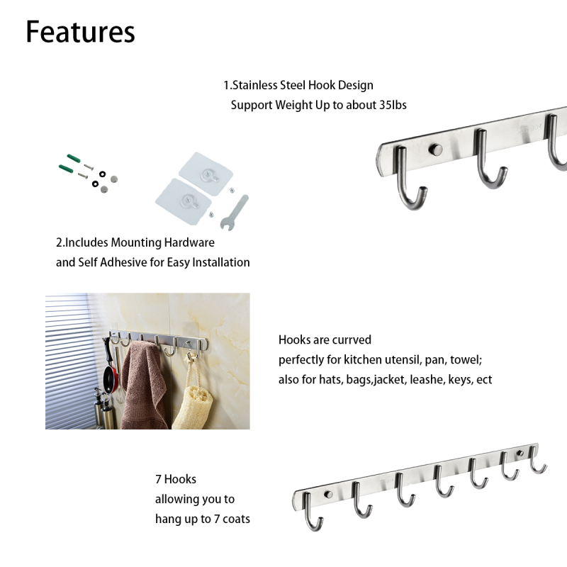 Tecmolog Stainless Steel Self Adhesive and Drill Coat/Towel Hook Rack Rail with  Heavy Duty Hooks, Brushed Nickel and Wall Mounted Hook SBH183-4