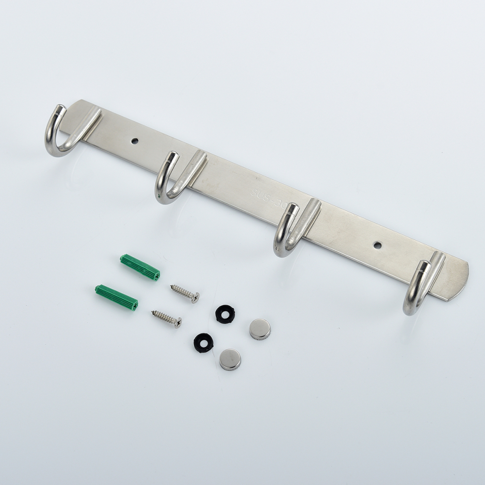 Tecmolog Stainless Steel Self Adhesive and Drill Coat/Towel Hook Rack Rail with  Heavy Duty Hooks, Brushed Nickel and Wall Mounted Hook SBH183-4