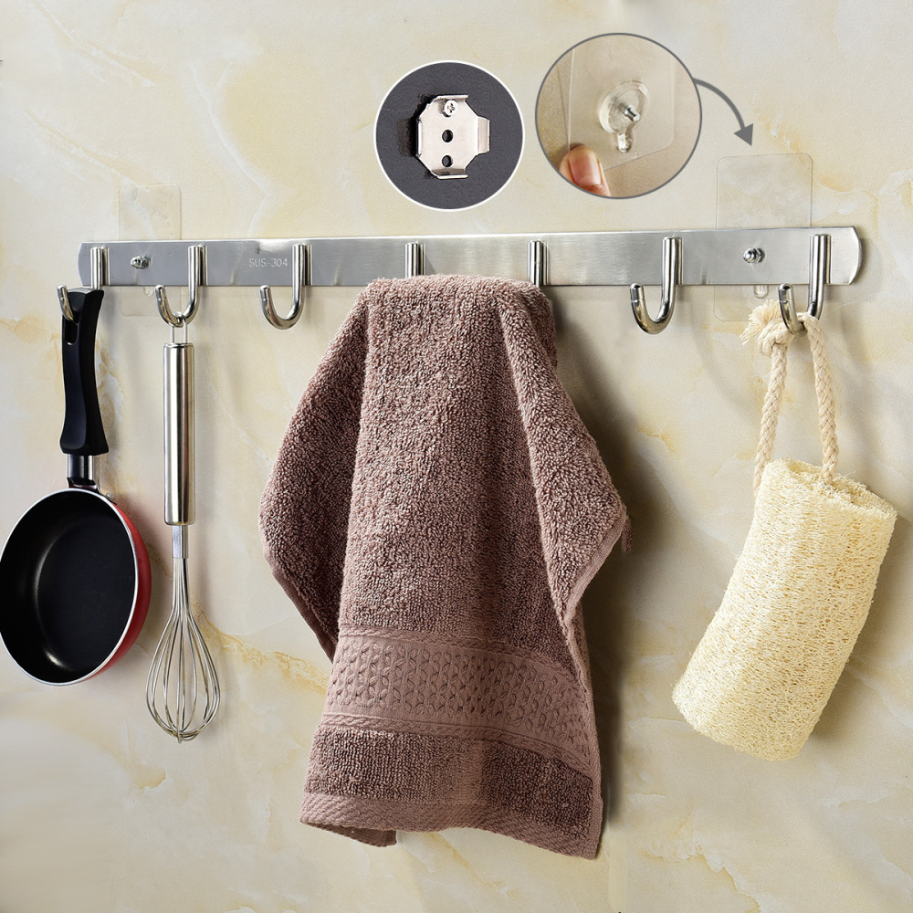 Tecmolog Stainless Steel Self Adhesive and Drill Coat/Towel Hook Rack Rail with  Heavy Duty Hooks, Brushed Nickel and Wall Mounted Hook SBH183-4