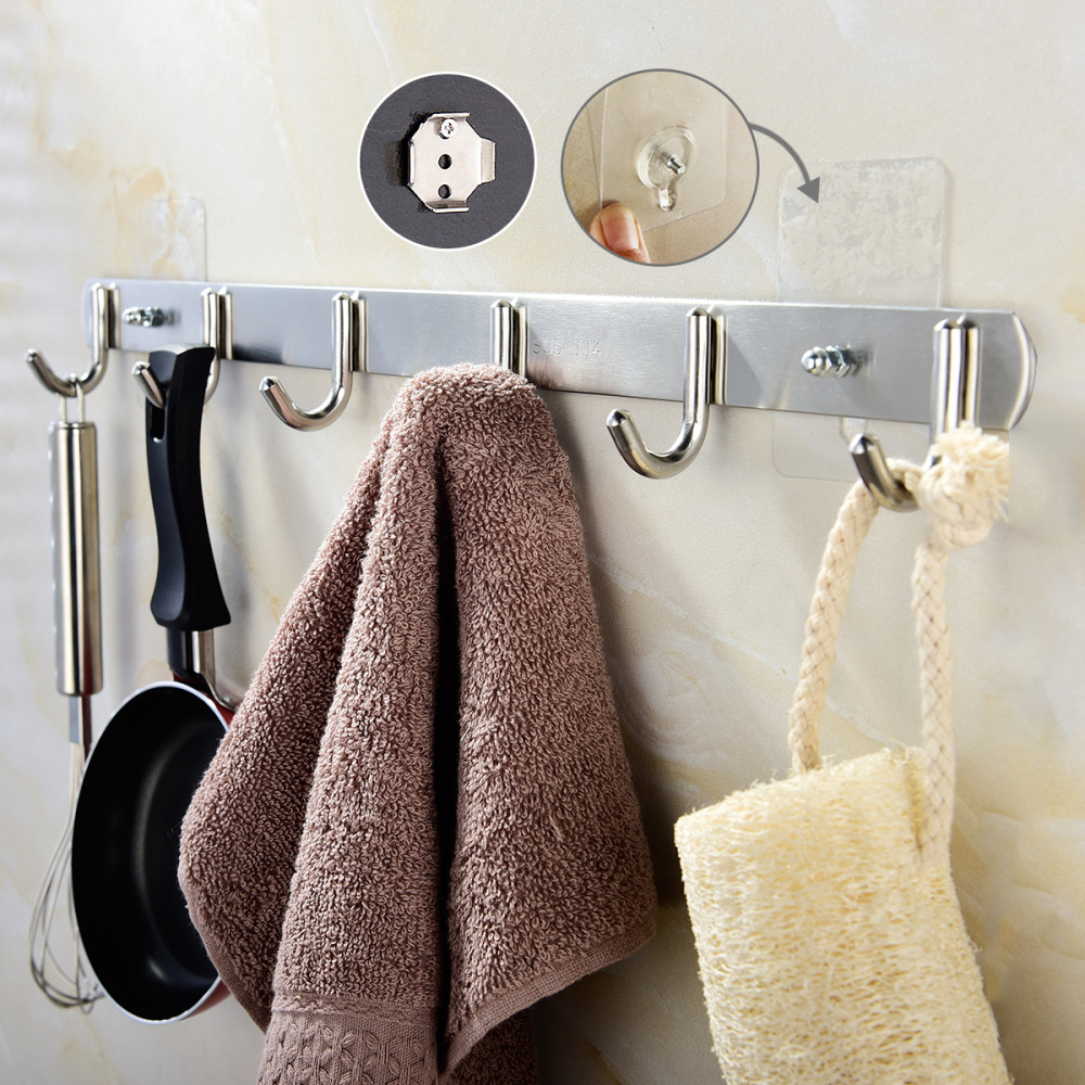 Tecmolog Stainless Steel Self Adhesive and Drill Coat/Towel Hook Rack Rail with  Heavy Duty Hooks, Brushed Nickel and Wall Mounted Hook SBH183-4