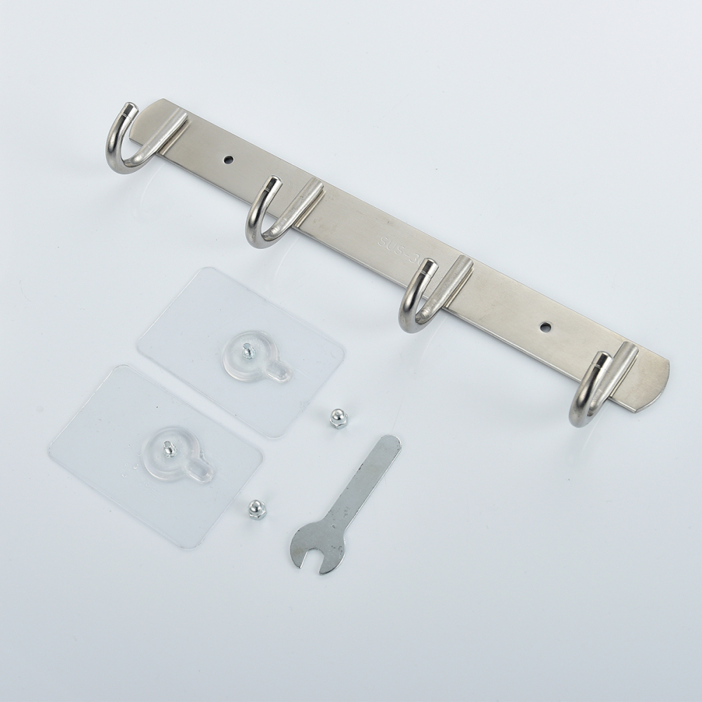 Tecmolog Stainless Steel Self Adhesive and Drill Coat/Towel Hook Rack Rail with  Heavy Duty Hooks, Brushed Nickel and Wall Mounted Hook SBH183-4