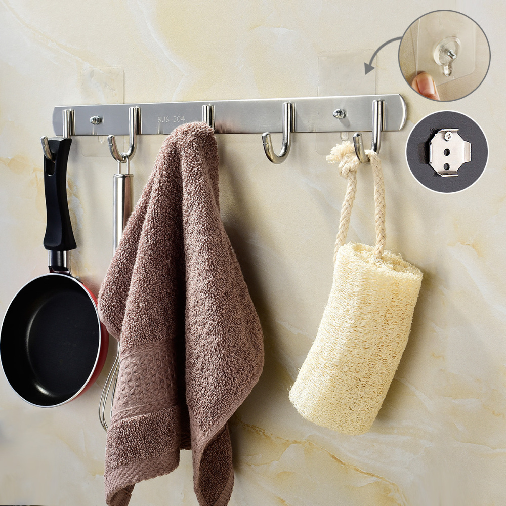 Tecmolog Stainless Steel Self Adhesive and Drill Coat/Towel Hook Rack Rail with  Heavy Duty Hooks, Brushed Nickel and Wall Mounted Hook SBH183-4