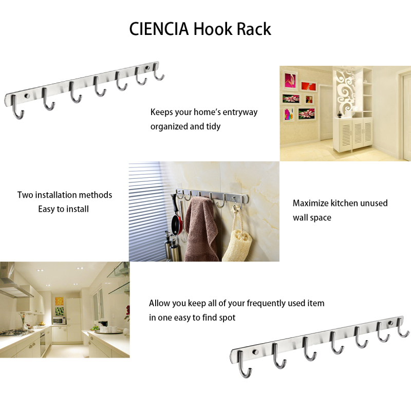 Tecmolog Stainless Steel Self Adhesive and Drill Coat/Towel Hook Rack Rail with  Heavy Duty Hooks, Brushed Nickel and Wall Mounted Hook SBH183-4