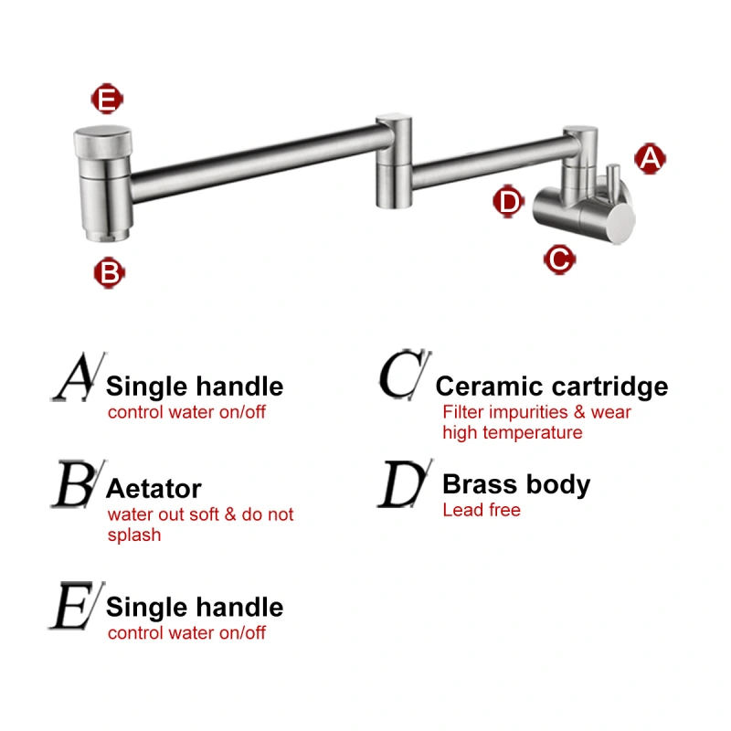 Tecmolog Wall Mount Kitchen Faucet, Brass 360 Rotatable Folding Lengthened  Sink Taps with Double Switch and Single Handle CT165NA/CT165/CT165R/CT165B