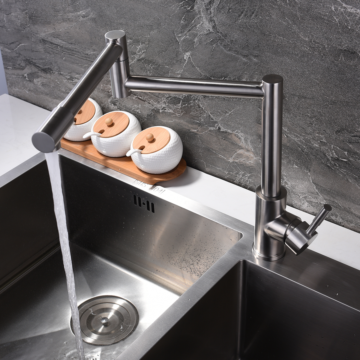 Tecmolog Stainless Steel Kitchen Sink Faucet with 360°Rotate Folding Extend Nozzle, G1/2"& G3/8" Hot&Cold Water Mixer Taps with 60cm Hose SNA157