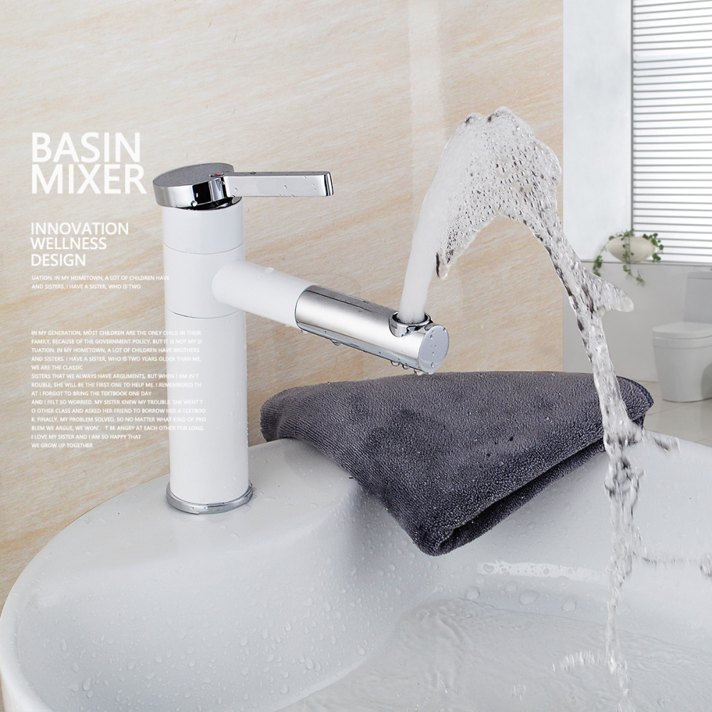 Tecmolog Brass White Basin Faucet, Bathroom sink Mixer Tap with 360° rotatable spout and Single Handle BW6112B/BW6112C