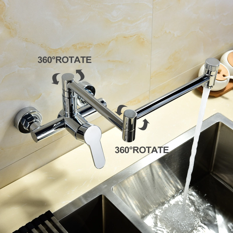 Tecmolog Wall Mount Kitchen Faucet, Brass 360° Rotatable Folding Lengthened Sink Taps BNA1211B/BC1211B/BR1211B/BB1211B