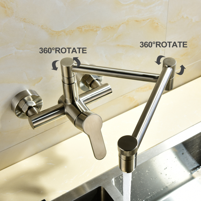 Tecmolog Wall Mount Kitchen Faucet, Brass 360° Rotatable Folding Lengthened Sink Taps BNA1211B/BC1211B/BR1211B/BB1211B