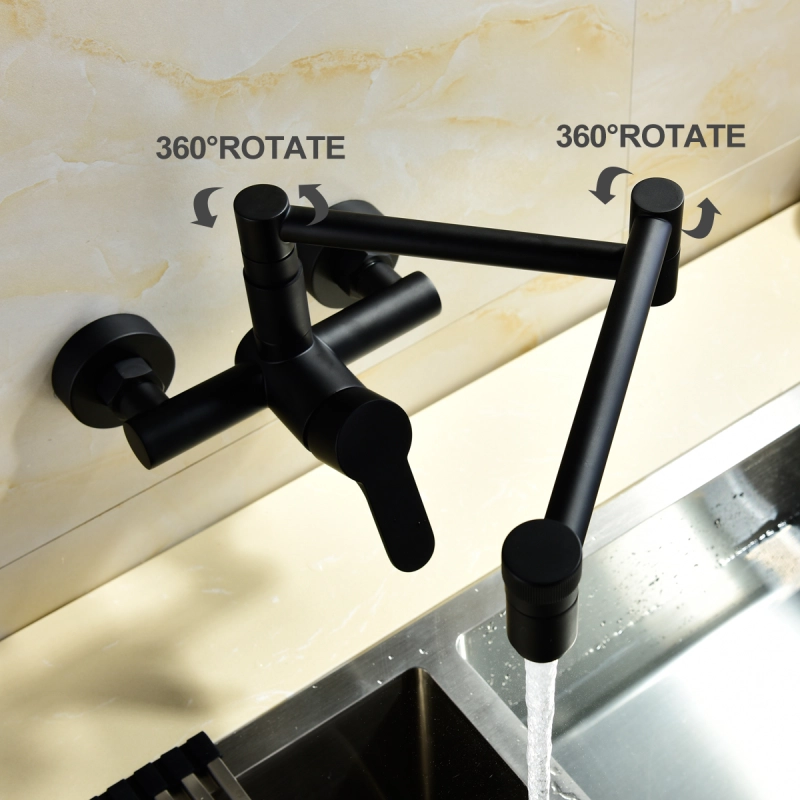 Tecmolog Wall Mount Kitchen Faucet, Brass 360° Rotatable Folding Lengthened Sink Taps BNA1211B/BC1211B/BR1211B/BB1211B