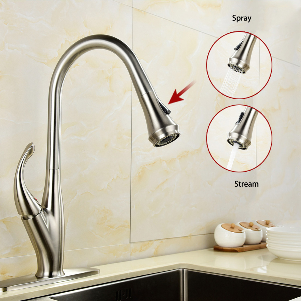 Tecmolog Brass Brushed Nickel Deck Mounted Faucet, Kitchen Mixer Tap with 360° Rotating Pull Out Sprayer BNA1225