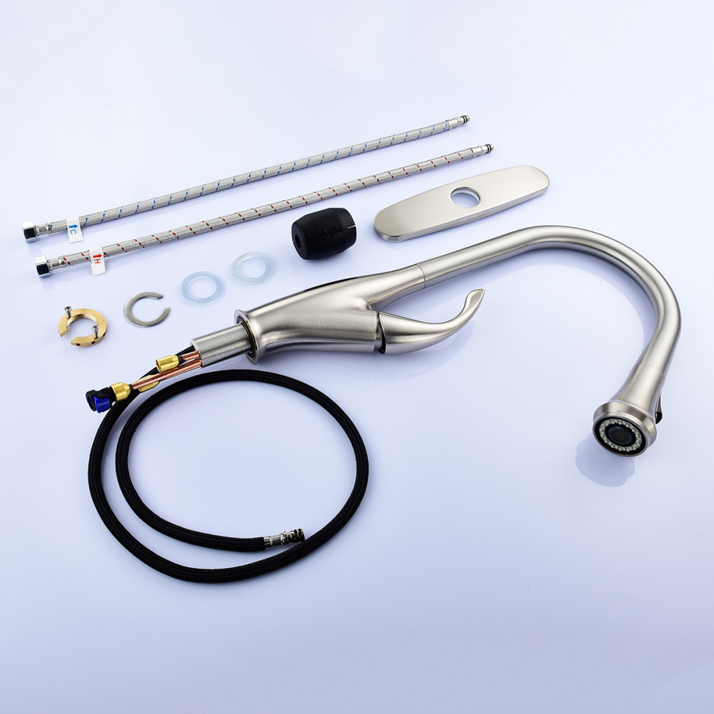 Tecmolog Brass Brushed Nickel Deck Mounted Faucet, Kitchen Mixer Tap with 360° Rotating Pull Out Sprayer BNA1225