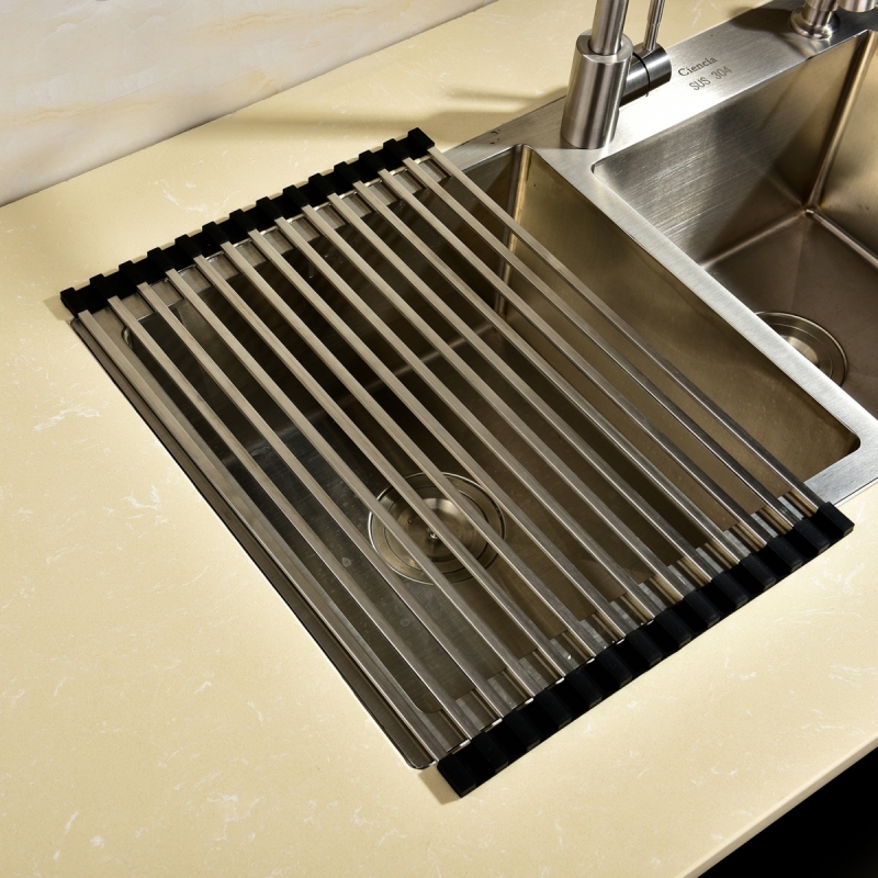 Tecmolog Stainless Steel Black Dish Drain Rack in Sink, Square Rods Foldable and Rolled up Dish Drain Rack A54/A54A/A54B/A54C