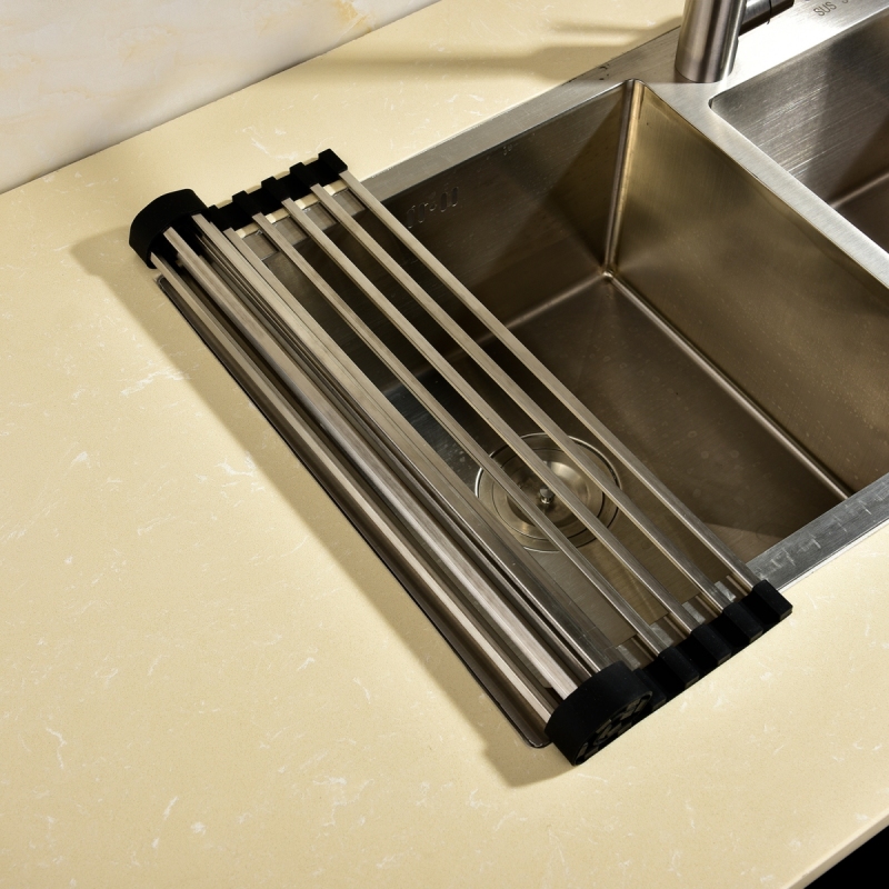 Tecmolog Stainless Steel Black Dish Drain Rack in Sink, Square Rods Foldable and Rolled up Dish Drain Rack A54/A54A/A54B/A54C