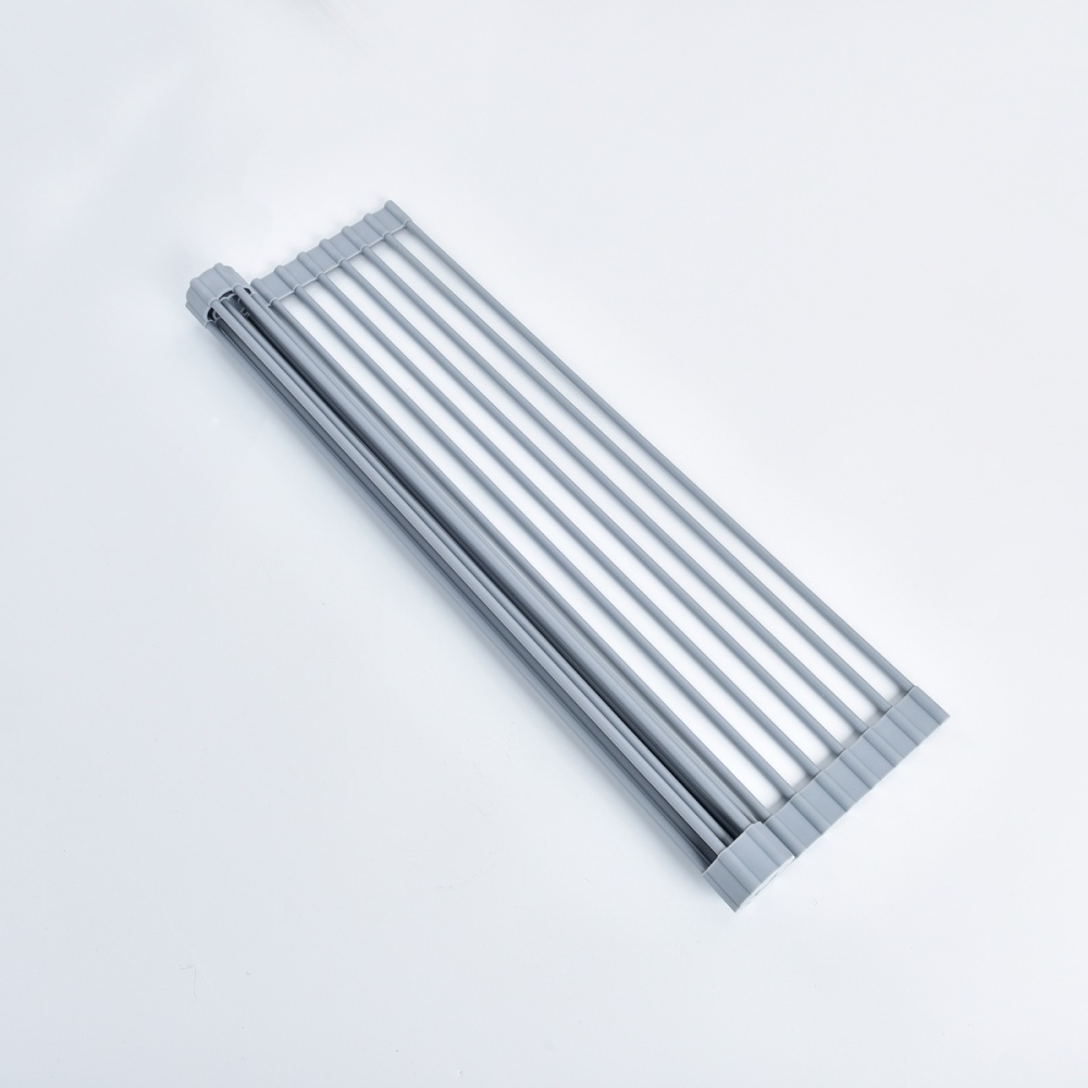 Tecmolog Stainless Steel Rollable Dish Drain Rack Over the Sink, Silicone Gray Collapsible Dish Drain Rack for Kitchen Counter A55/A55A