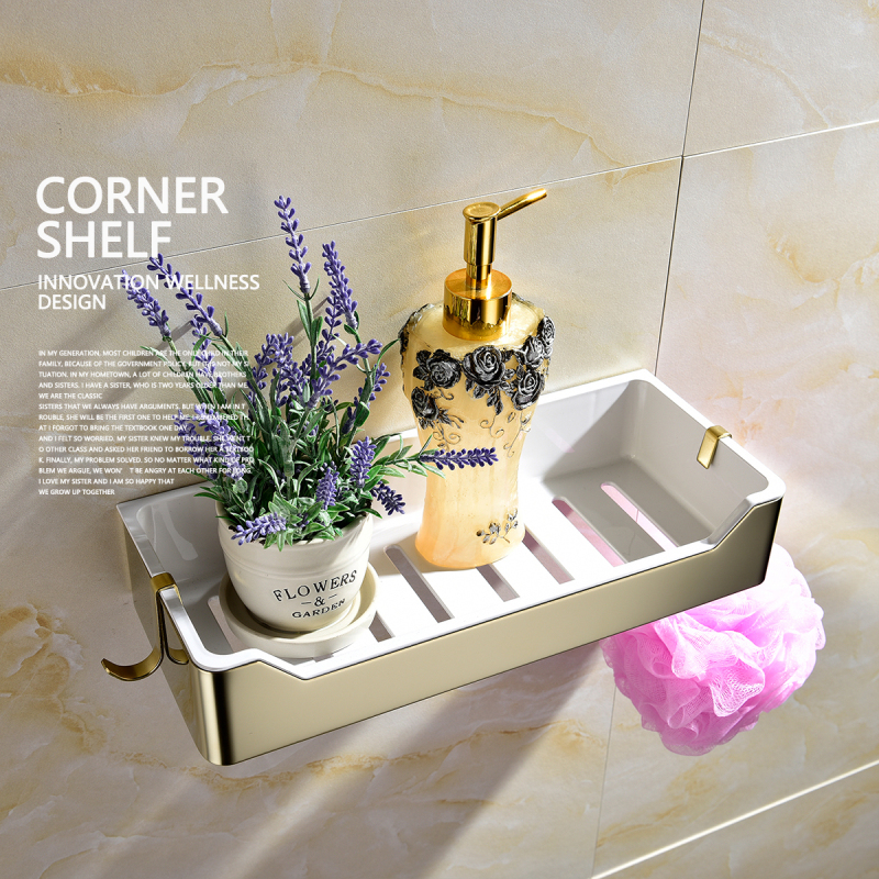 Tecmolog Stainless Steel Black/Nickel/Gold/Chrome Corner Shelf Caddy Bathing Platform with Hooks Wall Nail Storage SBH190/SBH190B/SBH190J/SBH190NA
