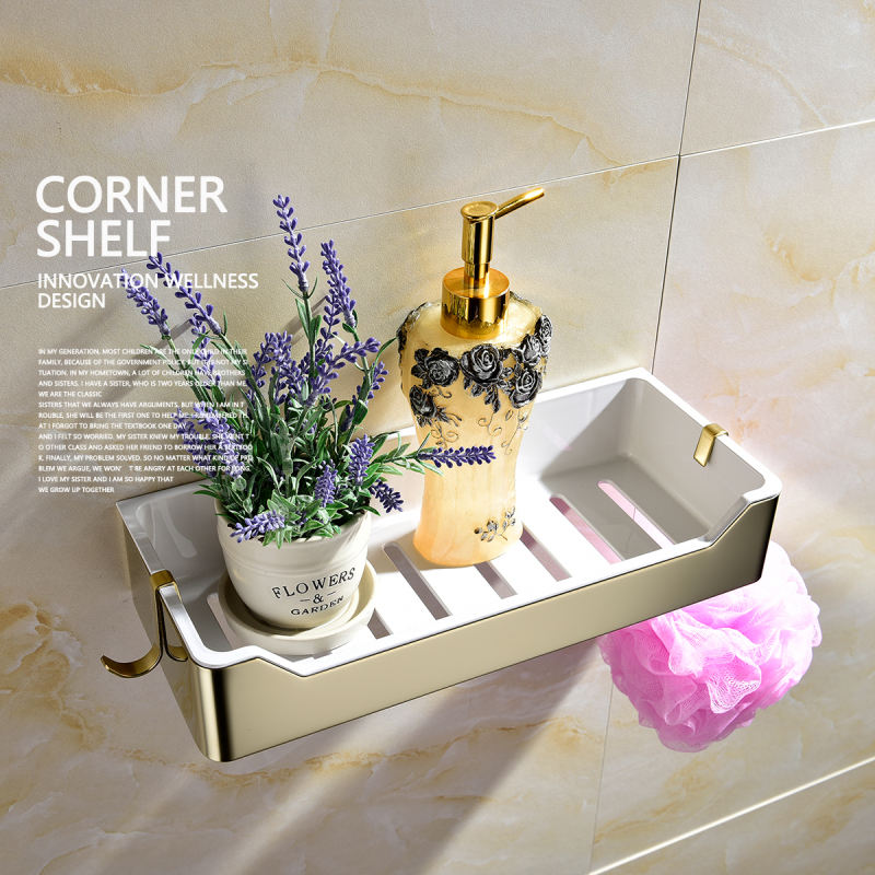 Tecmolog Stainless Steel Black/Nickel/Gold/Chrome Corner Shelf Caddy Bathing Platform with Hooks Wall Nail Storage SBH190/SBH190B/SBH190J/SBH190NA