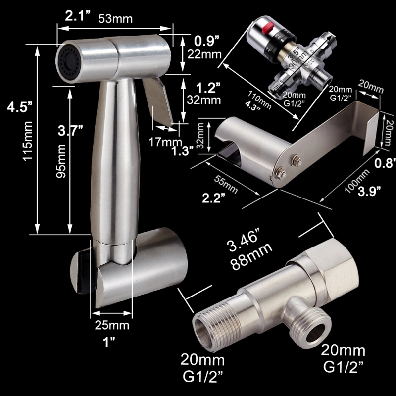 Tecmolog SUS304 Stainless Steel Nickle Bathroom Handheld Bidet Shattaf, Bidet Sprayer Set with Thermostatic valve WS024F1A