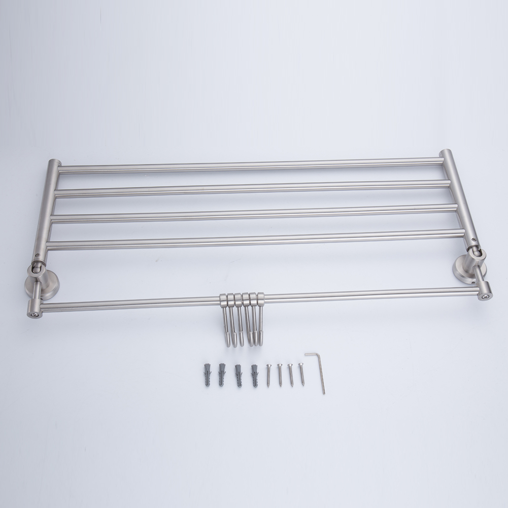 Tecmolog Stainless Steel Brushed Nickle Lead-Free Foldable Towel Rack With Hooks, More Space-Saving Wall Mounted Towel Bar, Bathroom SBH066A