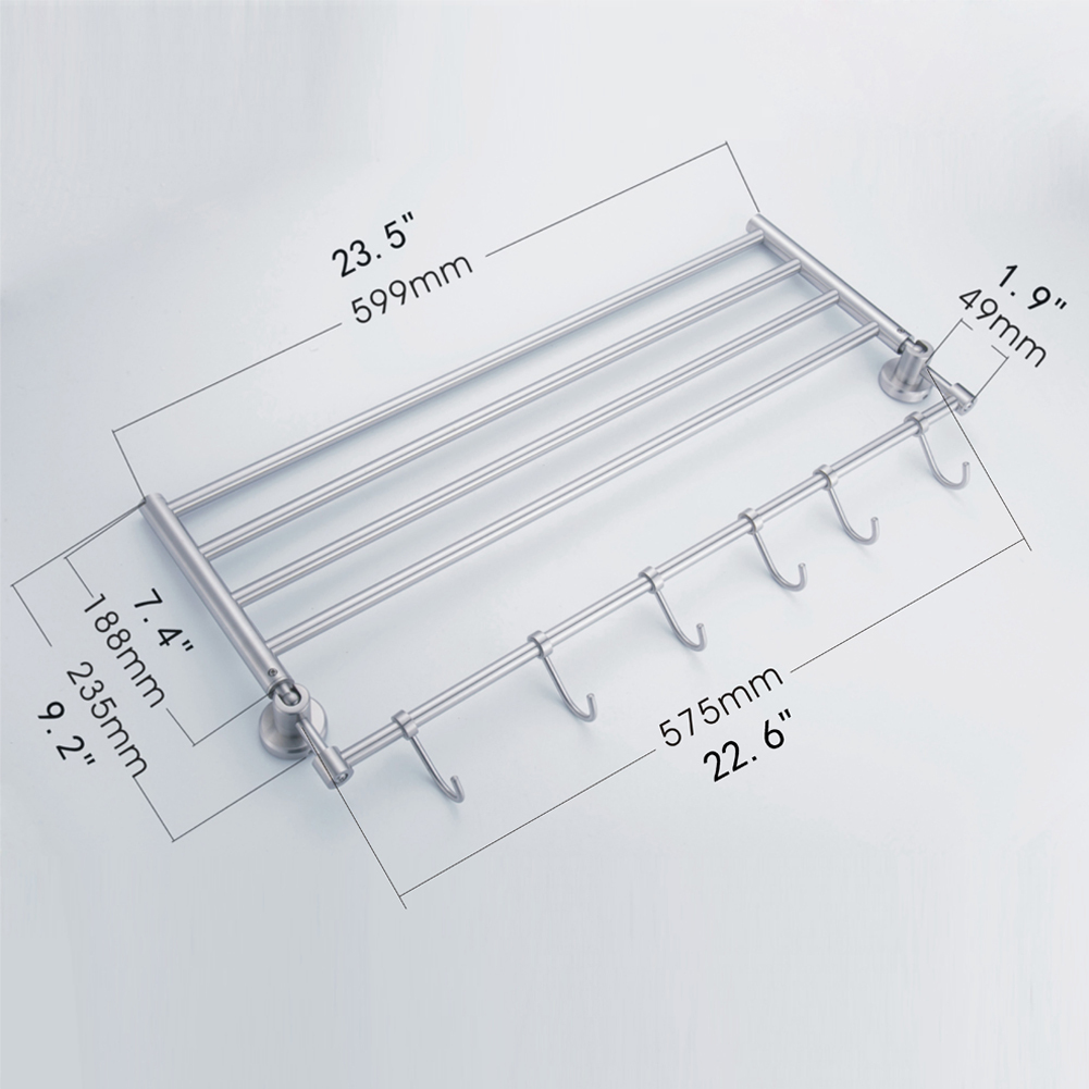 Tecmolog Stainless Steel Brushed Nickle Lead-Free Foldable Towel Rack With Hooks, More Space-Saving Wall Mounted Towel Bar, Bathroom SBH066A