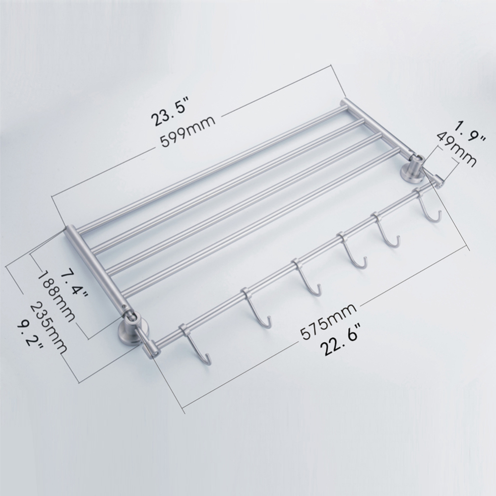 Tecmolog Stainless Steel Brushed Nickle Lead-Free Foldable Towel Rack With Hooks, More Space-Saving Wall Mounted Towel Bar, Bathroom SBH066A