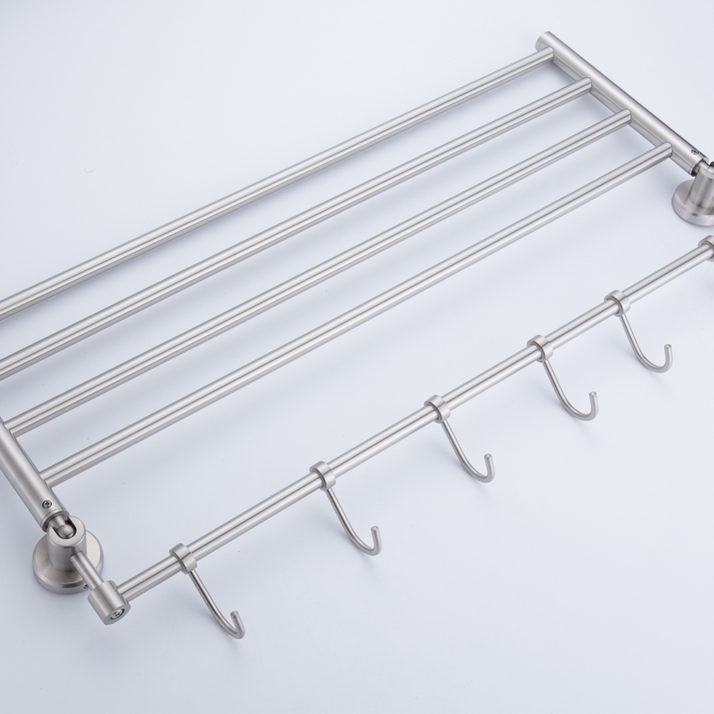 Tecmolog Stainless Steel Brushed Nickle Lead-Free Foldable Towel Rack With Hooks, More Space-Saving Wall Mounted Towel Bar, Bathroom SBH066A