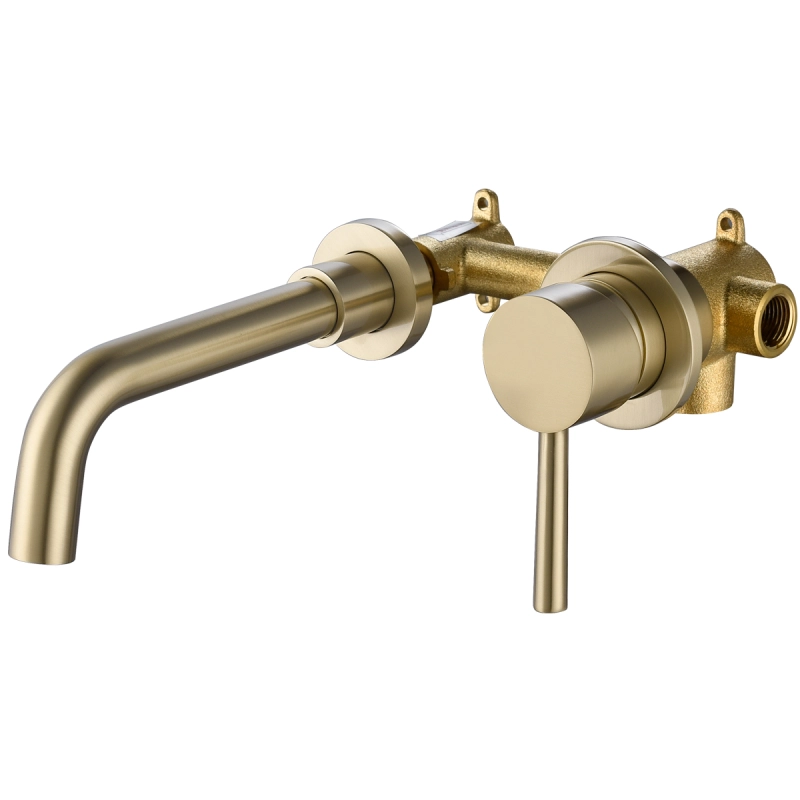 Tecmolog Bathroom Basin Mixer with 360° Swiveling spout, Brass Brushed gold Water Tap with Aerator,Wall Mounted and Concealed sink Faucet BJ6083A
