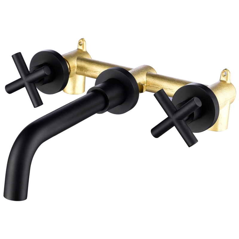 Tecmolog Bathroom Sink Faucet Black Wall Mount Faucet Bathroom Brass Double Handle Basin Mixer Tap BB6083B