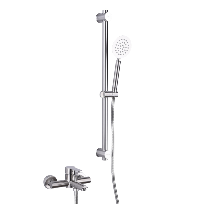 Tecmolog Stainless Steel Brushd Nickle Bathroom Faucet, Wall-Mounted Shower Set and Height Adjustable Sliding Bar SNA516/SNA516F/SBH156/SBH156F