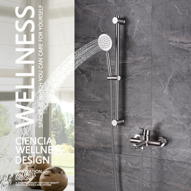 Tecmolog Stainless Steel Brushd Nickle Bathroom Faucet, Wall-Mounted Shower Set and Height Adjustable Sliding Bar SNA516/SNA516F/SBH156/SBH156F