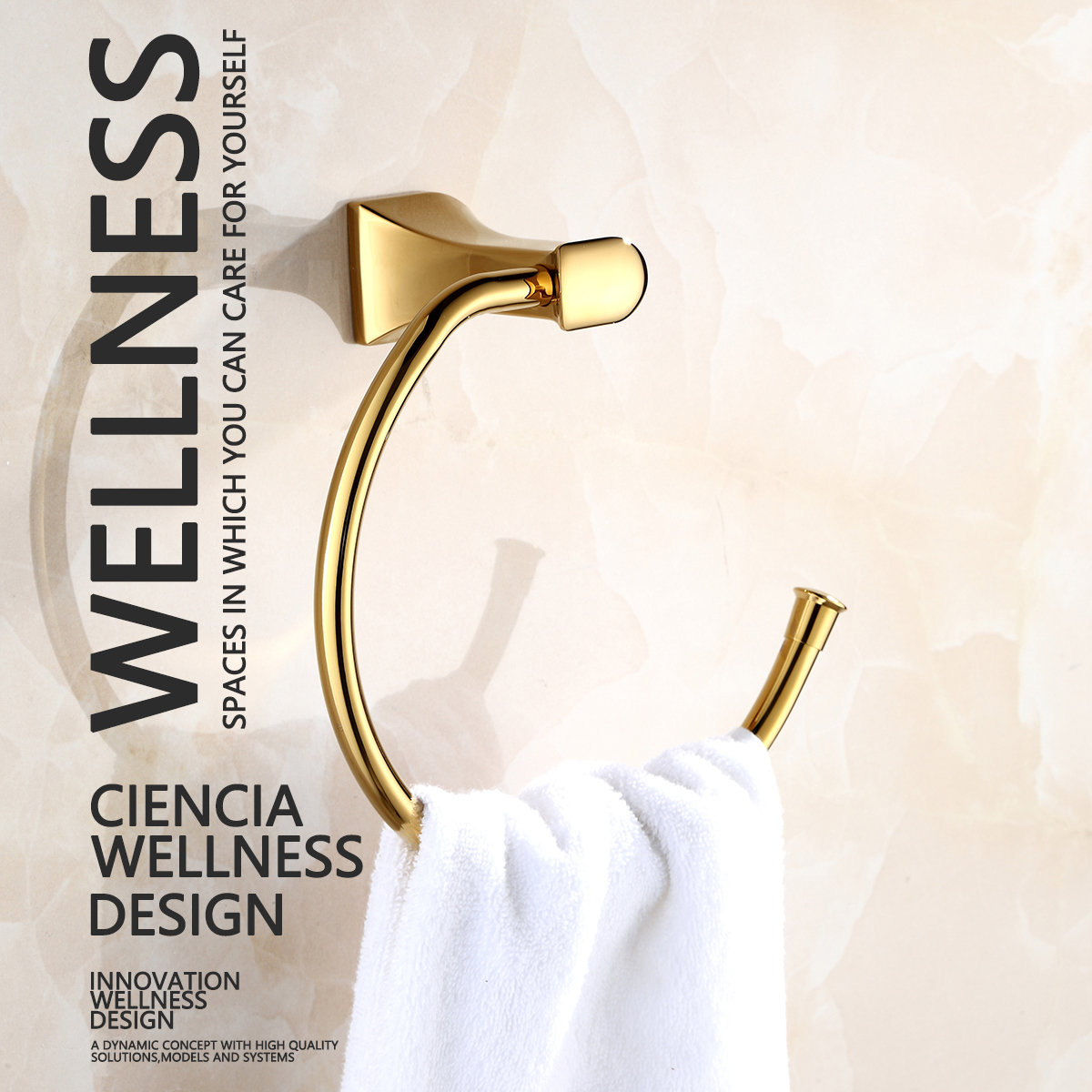 Tecmolog Brass Golden Wall-Mounted Towel Ring and Towel Holder, Towel Bar Bathroom Accessories, Bath Hardware BH498J
