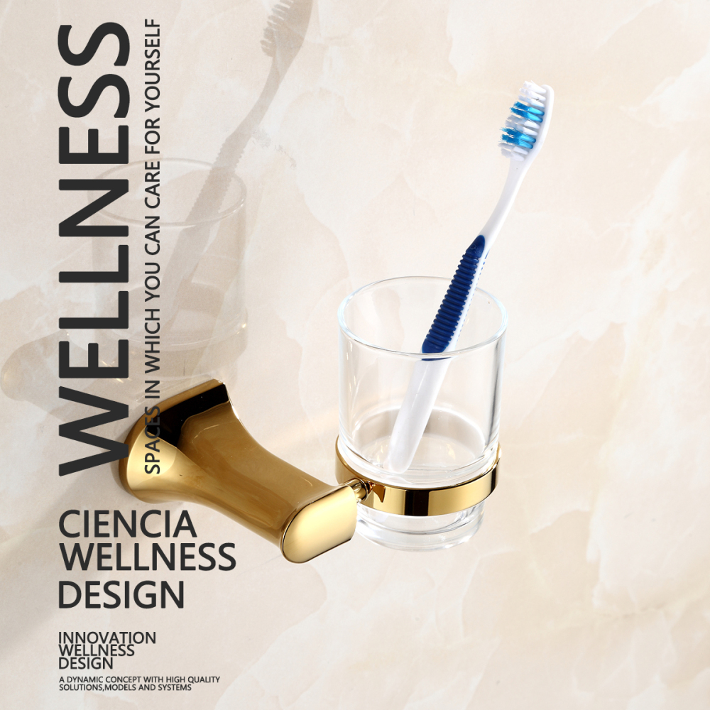 Tecmolog Brass Golden Toothbrush Cup Holder,  Wall Mounted Bathroom single Toothpaste Cup and Soap Dish Holder BH494J