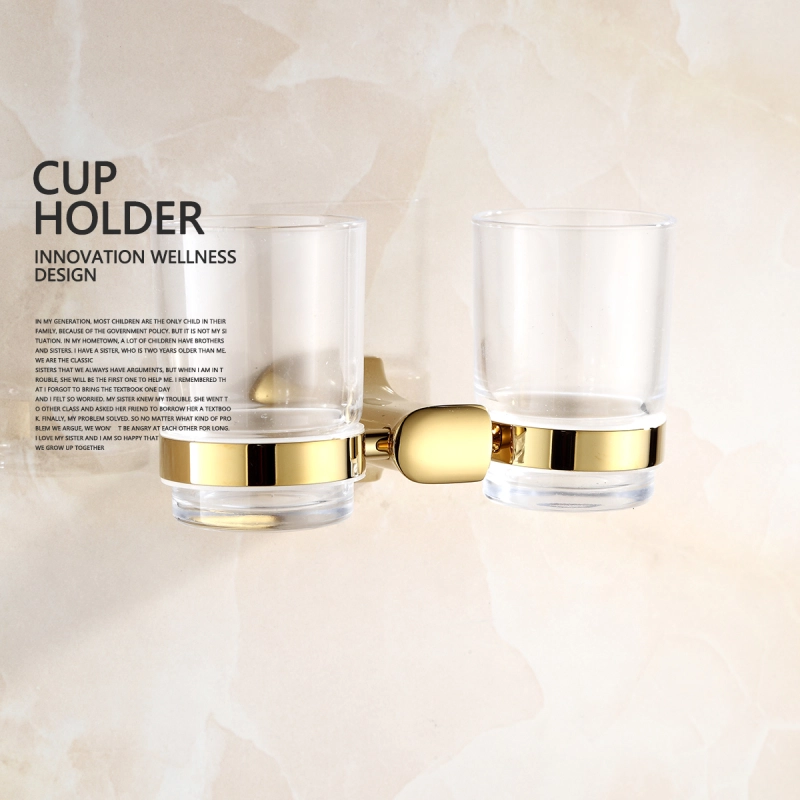 Tecmolog Brass Golden Double Cup holder, Wall mounted Cup &Tumbler Holder, Bathroom Accessories BH495J