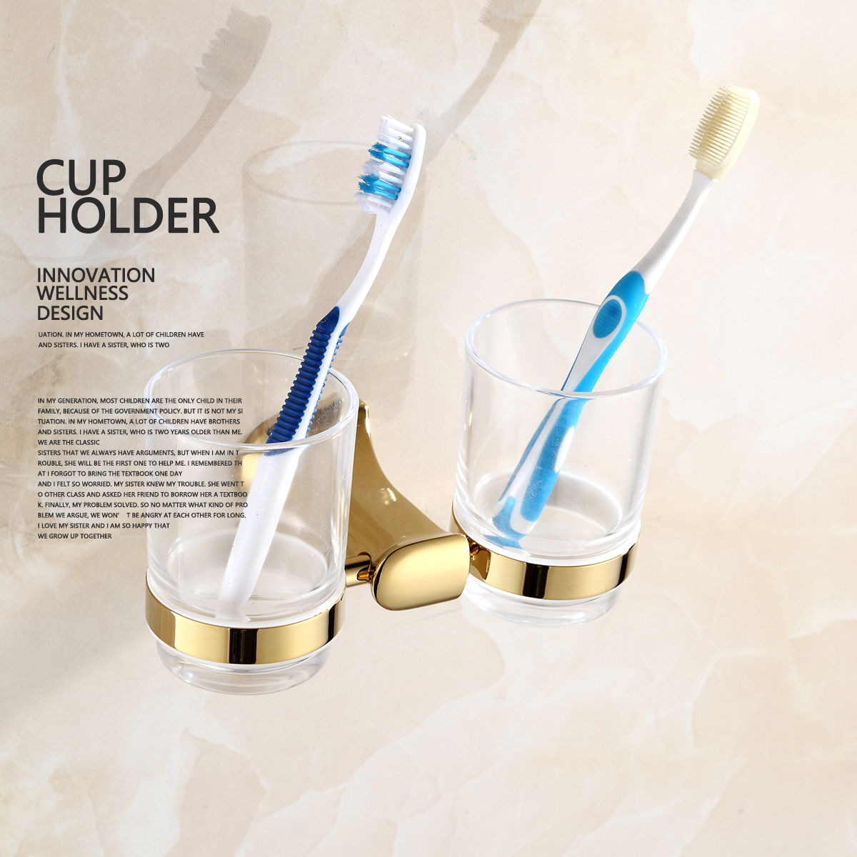 Tecmolog Brass Golden Double Cup holder, Wall mounted Cup &Tumbler Holder, Bathroom Accessories BH495J