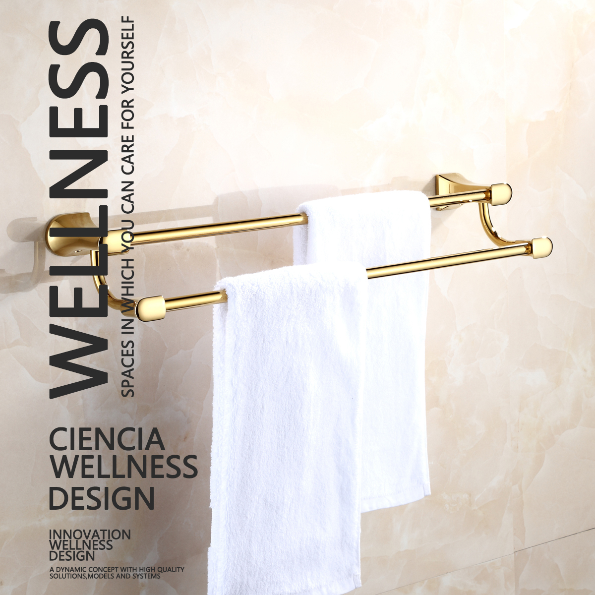 Tecmolog Brass Golden Bath Towel Bar Rack, Hanging Towel Bathroom Shower Organization Double Towel Bar BH500J