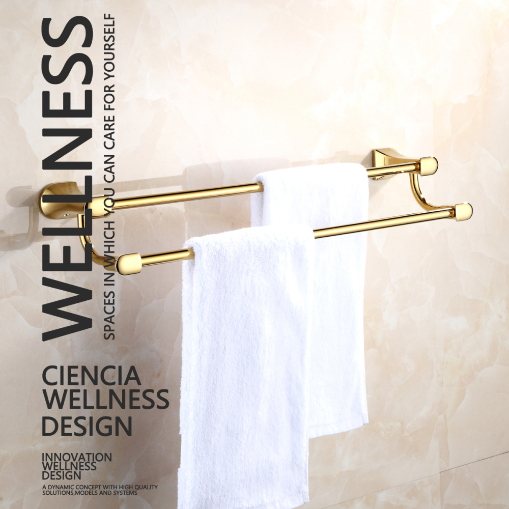Tecmolog Brass Golden Bath Towel Bar Rack, Hanging Towel Bathroom Shower Organization Double Towel Bar BH500J