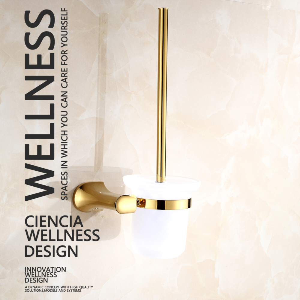 Tecmolog Brass Golden Toilet Brush with Holder, Wall Mounted, Self Adhesive and Drilling Toilet Brush Set BH497J
