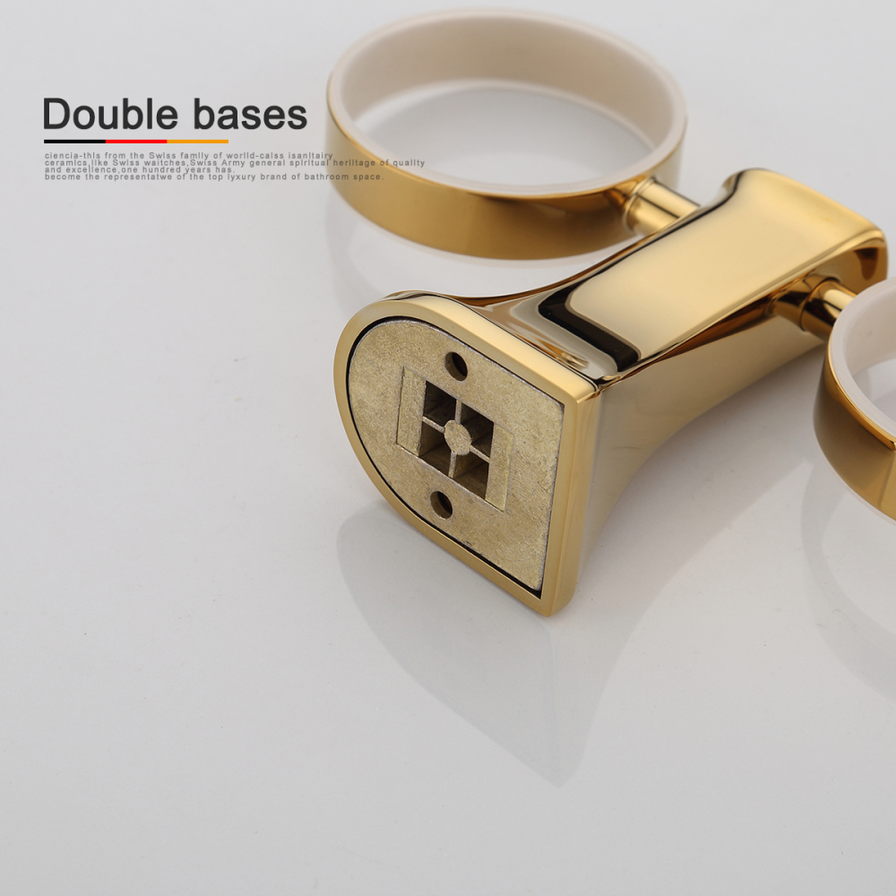 Tecmolog Brass Golden Double Cup holder, Wall mounted Cup &Tumbler Holder, Bathroom Accessories BH495J