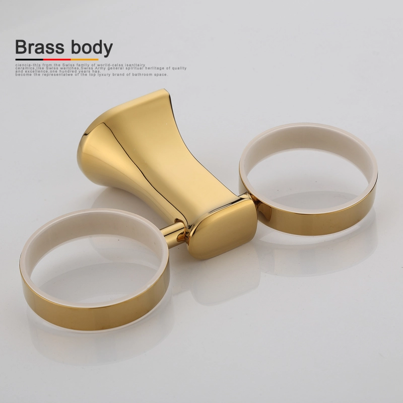 Tecmolog Brass Golden Double Cup holder, Wall mounted Cup &Tumbler Holder, Bathroom Accessories BH495J