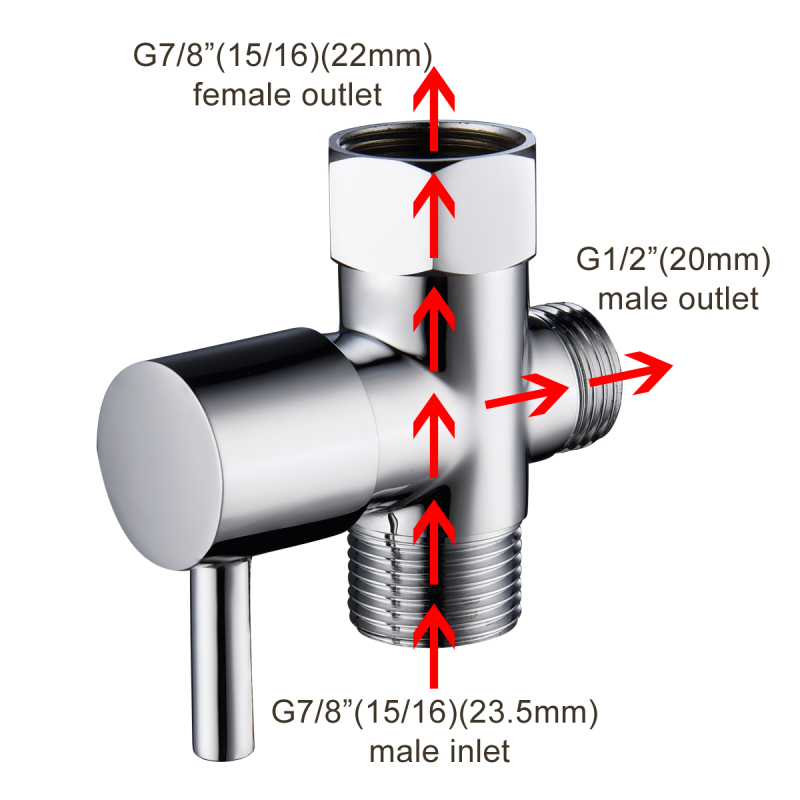 Tecmolog Brass 3 Way Diverter Valve for America, Toilet Bidet T Adapter 7/8'' (15/16'') Male & Female Thread with 1/2'' Male Hose Connector, DSF011