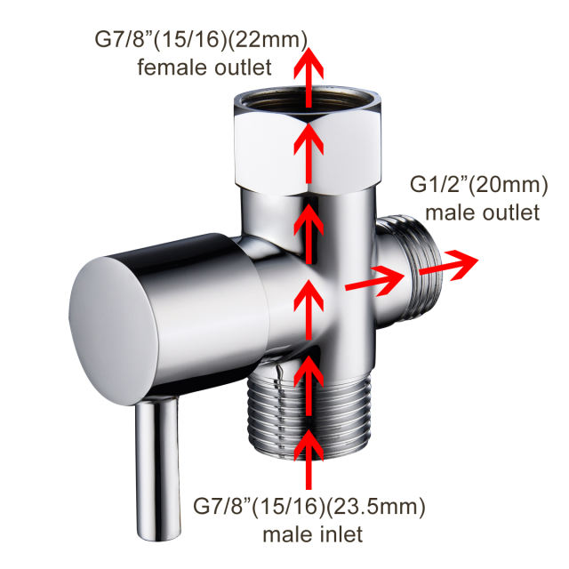 Tecmolog Brass 3 Way Diverter Valve for America, Toilet Bidet T Adapter 7/8'' (15/16'') Male & Female Thread with 1/2'' Male Hose Connector, DSF011