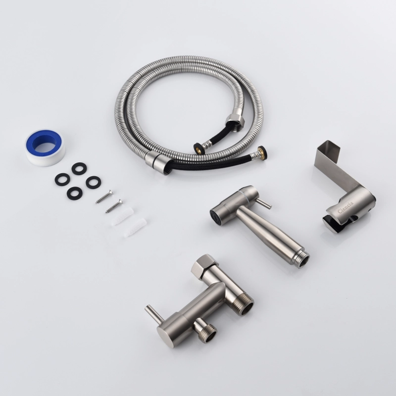 Tecmolog Stainless Steel Hand Held Bidet Sprayer Kit with 7/8''(15/16'') Diverter Valve for America, Brushed Nickel/Chrome, WS036FM1/WS036FM2